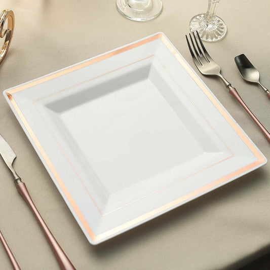 10 Pack Rose Gold Trim White Square Plastic Dinner Plates, Disposable Party Plates 10"