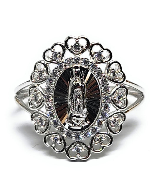 .925 Silver Viirgin Mary Virrgen Guadalupe HEARTS CZ Ring